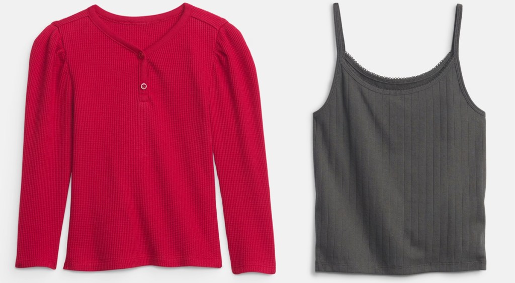 red long sleeve and grey tank top