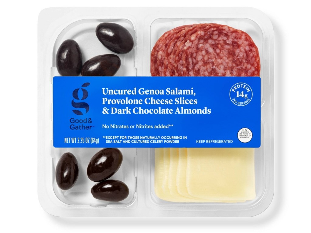 salami, cheese slices, and dark chocolate almonds in snack box