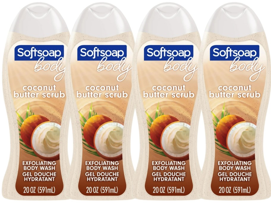 four bottles of Softsoap Exfoliating Body Wash Coconut Butter Scrub
