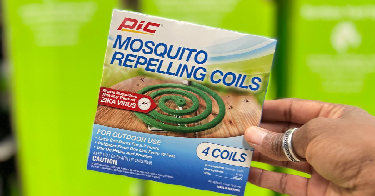 Hand holding up a box of PIC Mosquito repellent Coils
