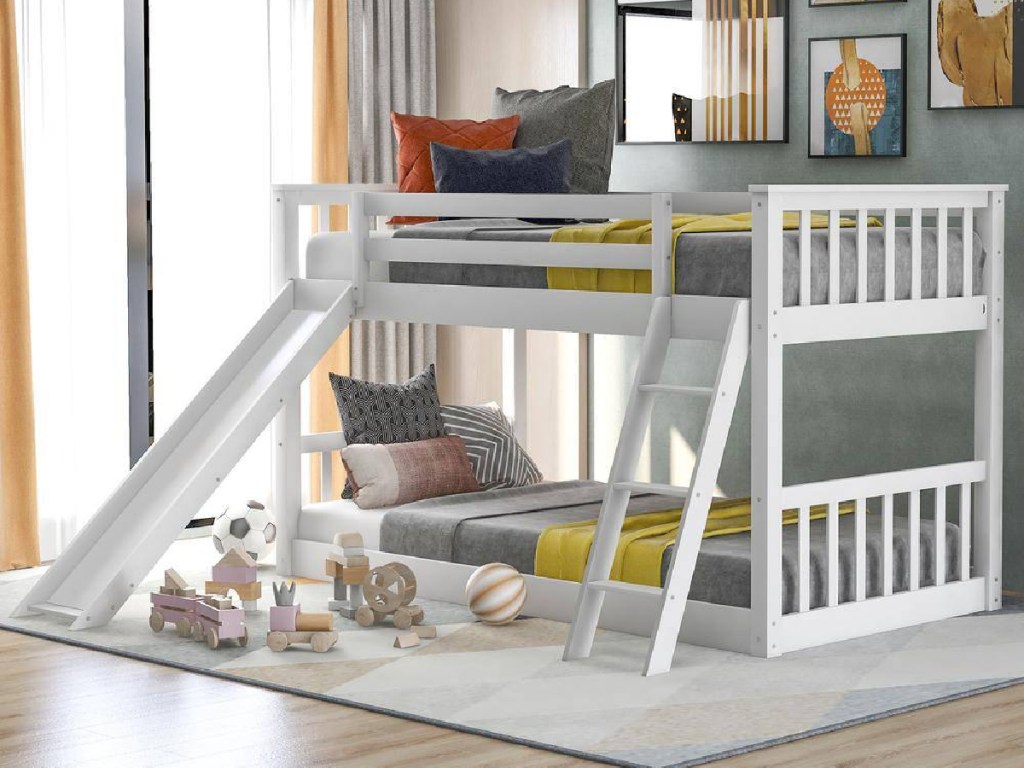 Harper & Bright Designs White Solid Wood Twin Over Twin Bunk Bed w/ Slide & Ladder