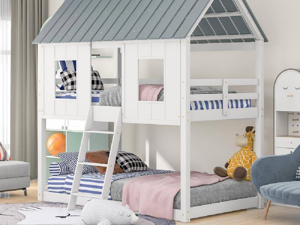 Harper & Bright Designs White Twin Over Twin Low Bunk Bed w/ Roof & 2 Front Windows