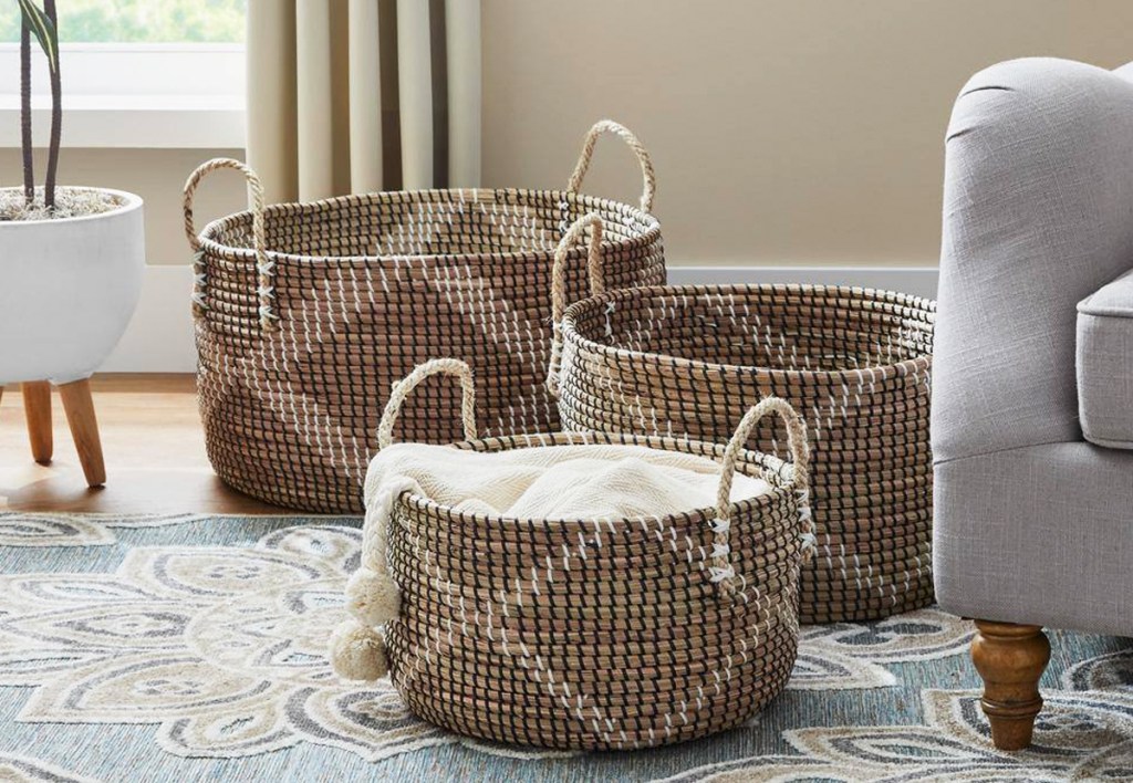 set of three baskets on floor