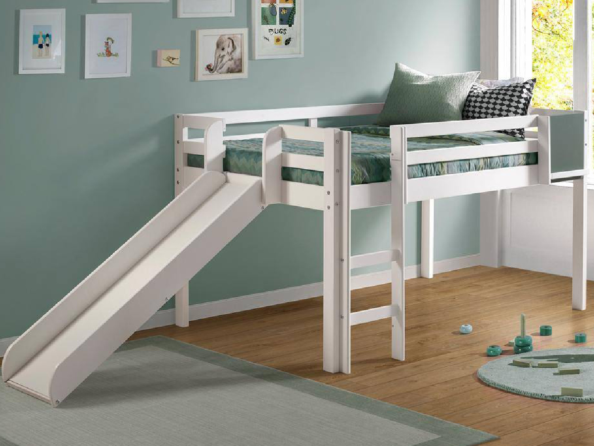 Homestock White Twin Wood Loft Bed with Slide, Kids Low Loft Bed w/ Slide, Ladder & Chalkboard