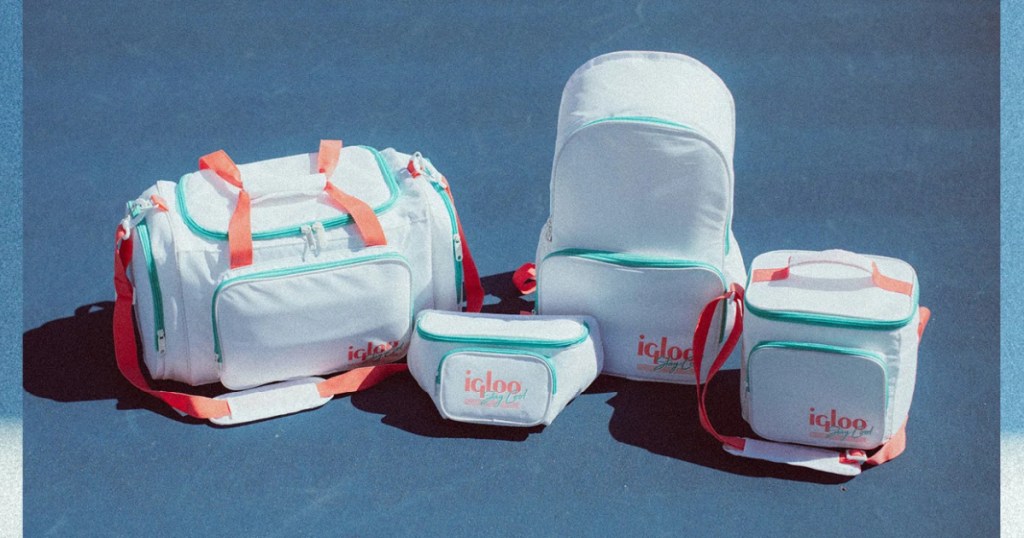 white Igloo Retro collection backpack, cooler, and fanny pack on tennis court