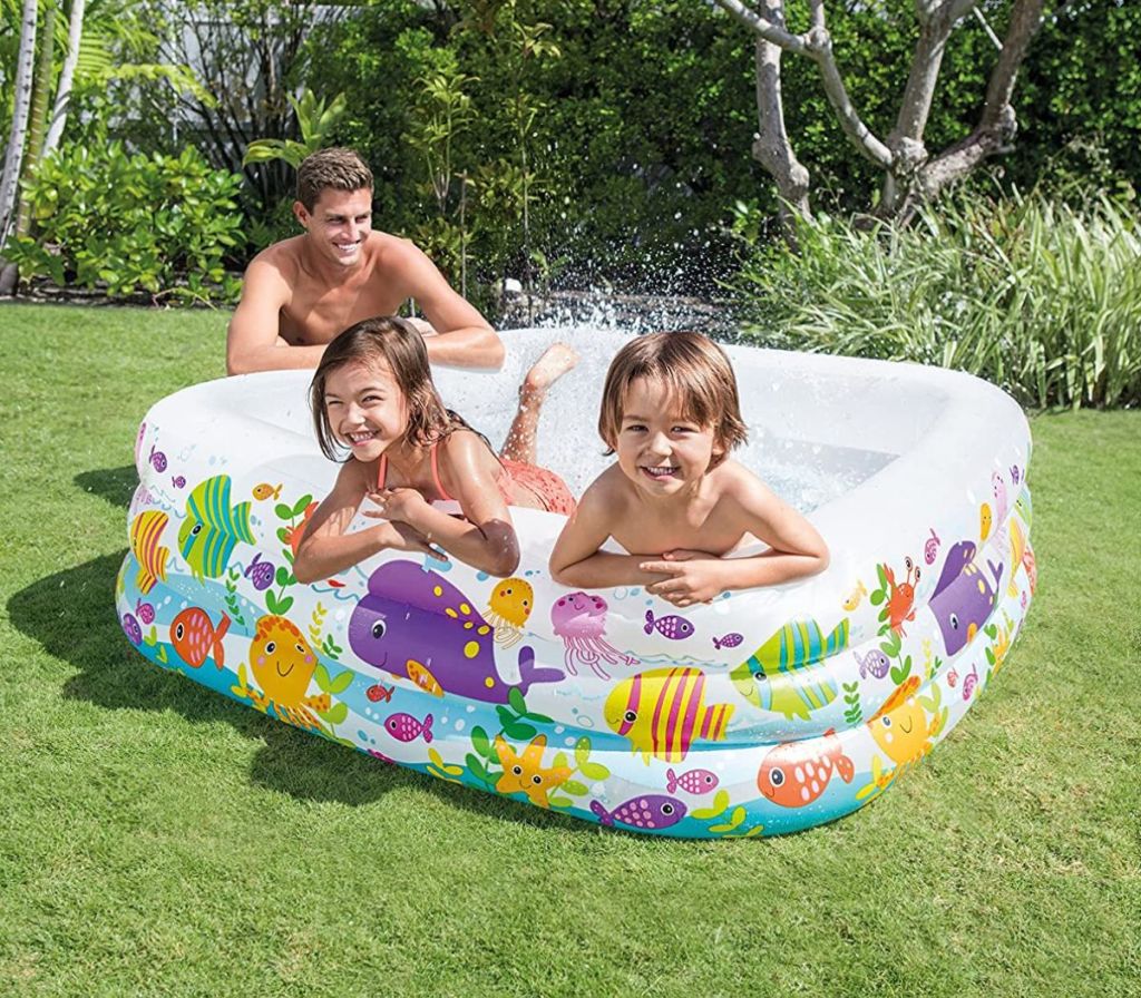 Intex Swim Center Clearview Aquarium Inflatable Pool with dad and two kids