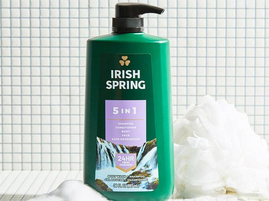 large bottles of Irish Spring body wash in shower