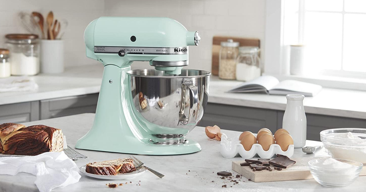 mint green KitchenAd tilt head stand Mixer on Counter with eggs