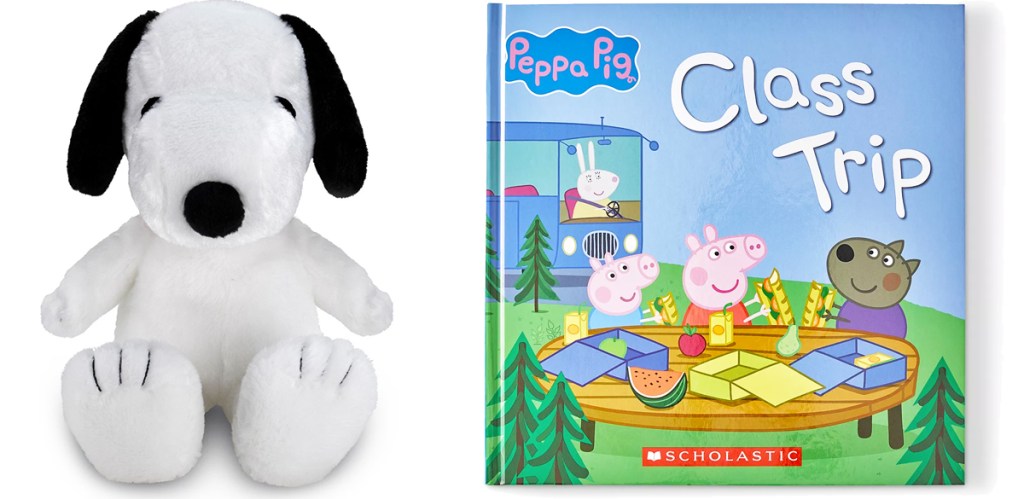 Snoopy plush and Peppa Pig kids book