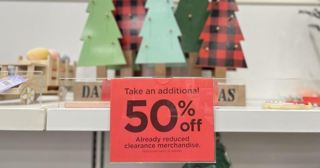 kohl's holiday clearance sale signage with decor in background
