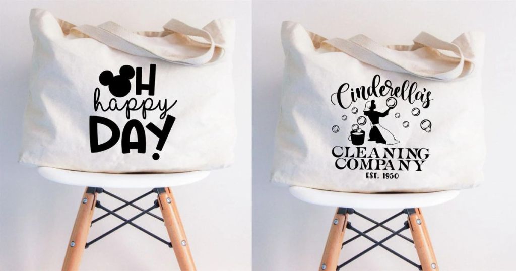 oh happy day tote bag on stool and Cinderellas Cleaning Company tote bag on stool