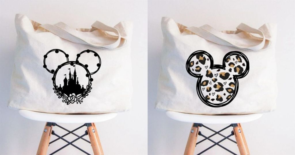 mouse ears with castle tote bag on stool and leapard mouse ears tote bag on stool