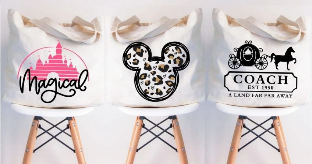 Magical castle tote bag on stool and leopard mouse ears tote bag on stool and Coach horse and carriage tote bag on stool