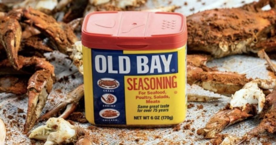 Old Bay Seasoning 6oz on tray with seafood on it