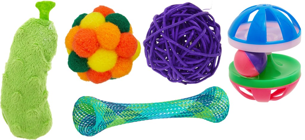 five various cat toys and balls