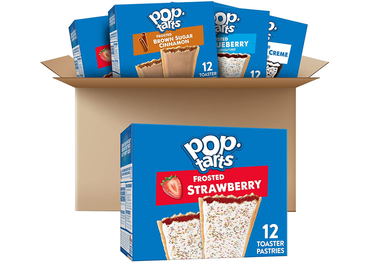 stock image of a box filled with various boxes of pop tarts
