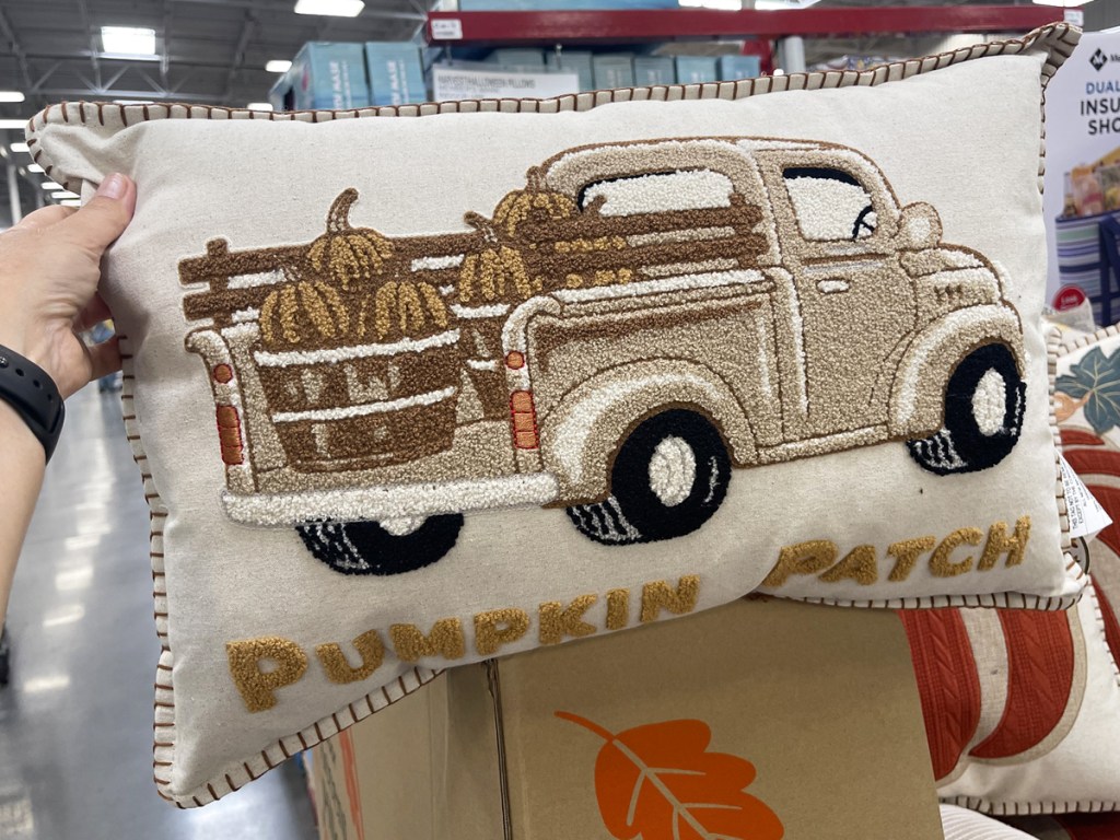 hand holding up a Pumpkin Patch Truck Throw Pillow
