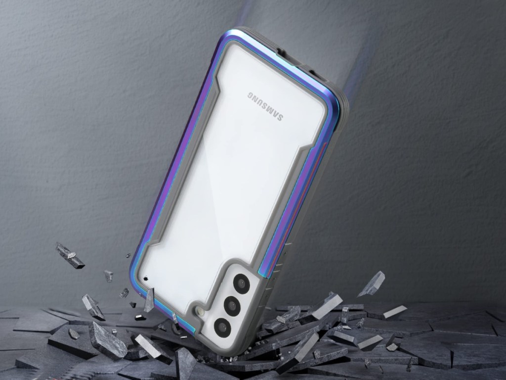 Samsung Galaxy 22 phone in clear iridescent case