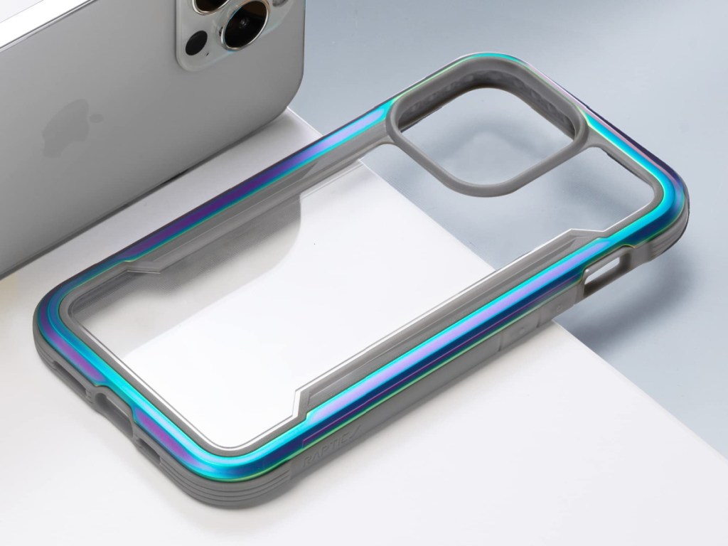 iPhone 13 Pro and clear iridescent blue case
