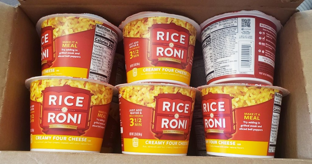 Rice-A-Roni cups in shipping box