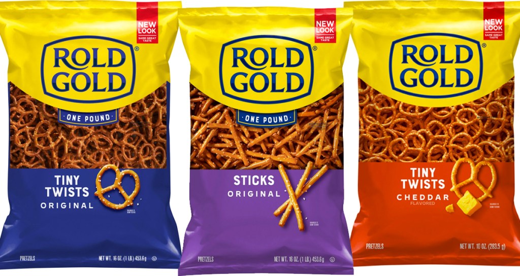 three bags of rold gold pretzels