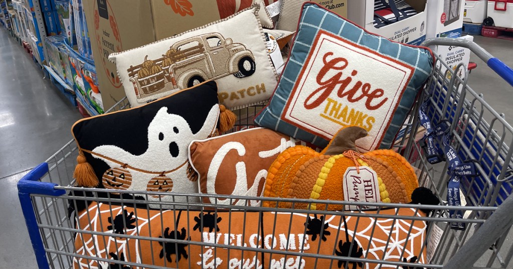 cart full of fall and halloween themed throw pillows