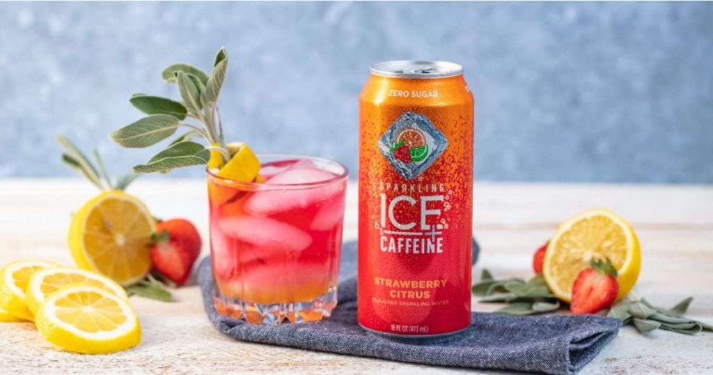 Sparkling Ice + Caffeine can next to glass of iced pink drink