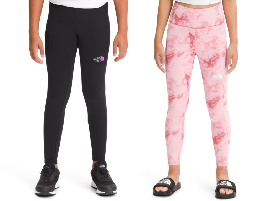 girl in black leggings and girl in pink print leggings