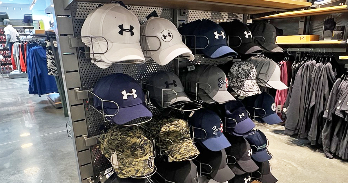 display of under armour hats in store