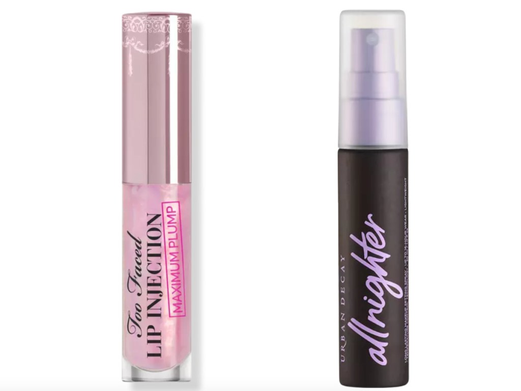 Urban Decay Travel Size All Nighter Long-Lasting Makeup Setting Spray next to lip plumper