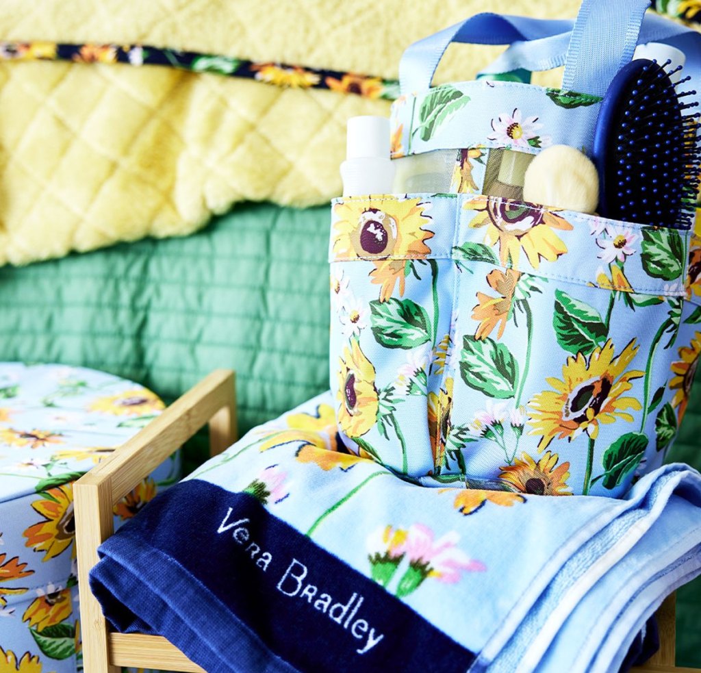 vera bradley sunflower print shower caddy, towel, and blanket