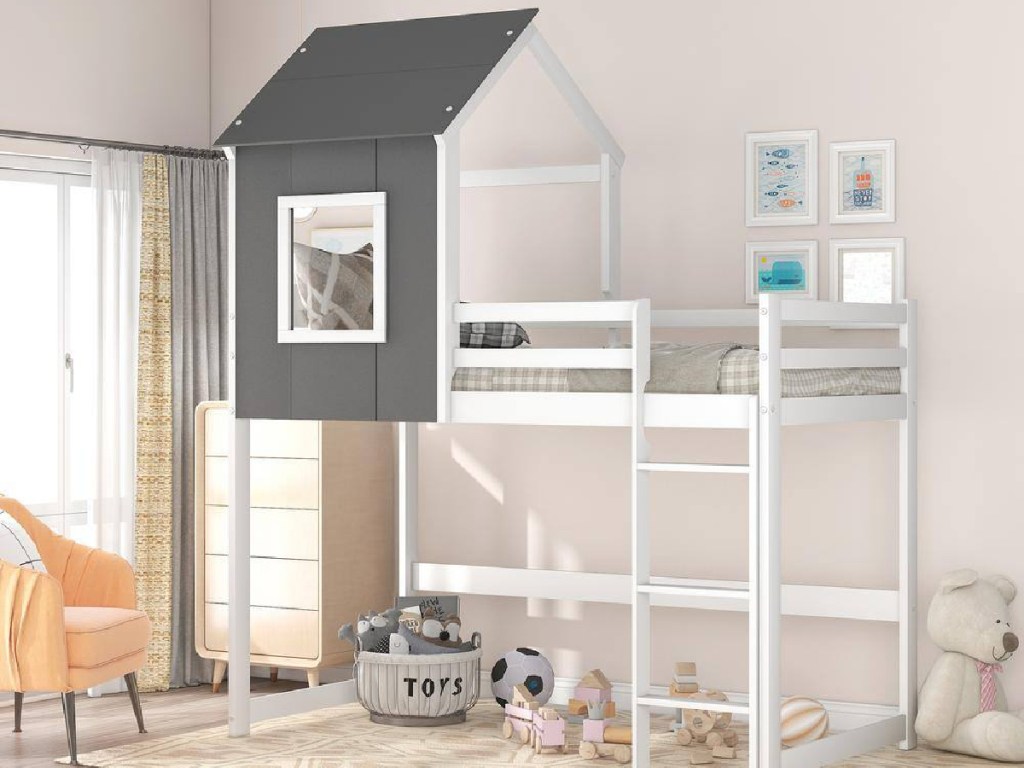 White Twin Size Wood Loft Bed with Roof