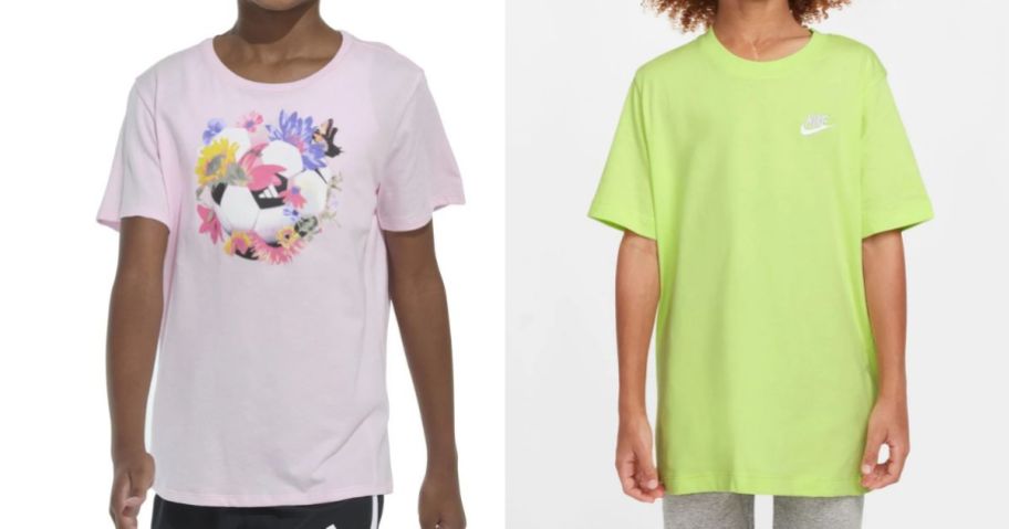 a girl wearing a pink adidas soccer top and a boy wearing a lime green nike top