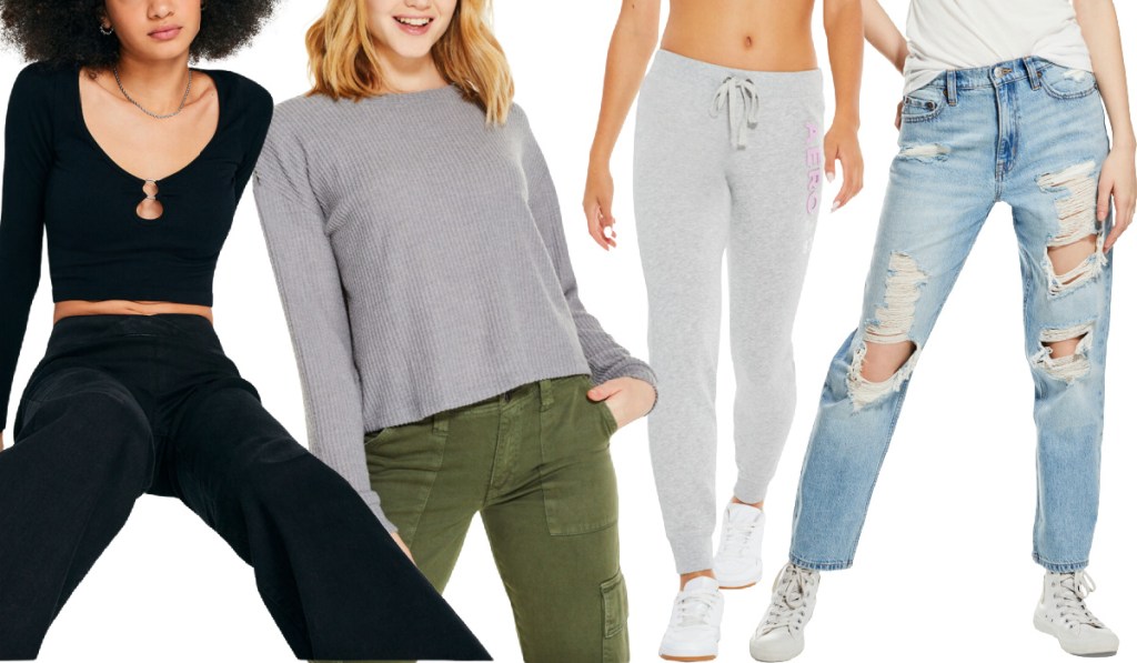 teens wearing black tee, grey sweater, joggers, and jeans