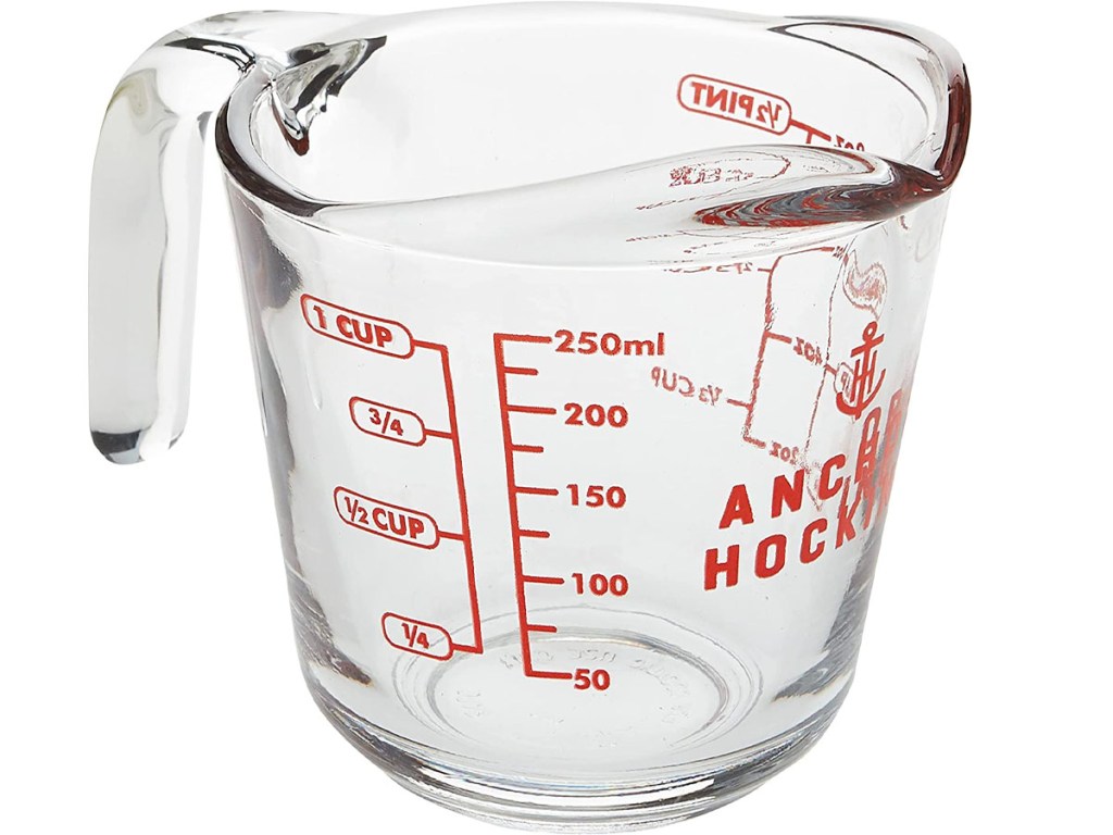 glass measuring cup with red markings