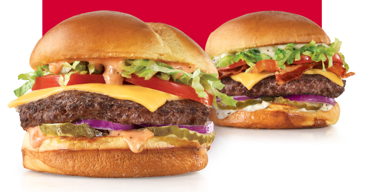 stock image of two arbys wagyu burgers