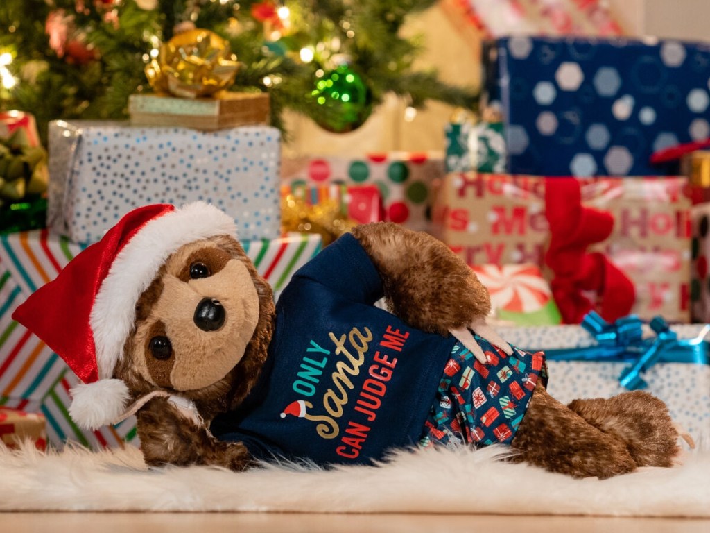 Brown Sloth wearing Santa hat and shirt