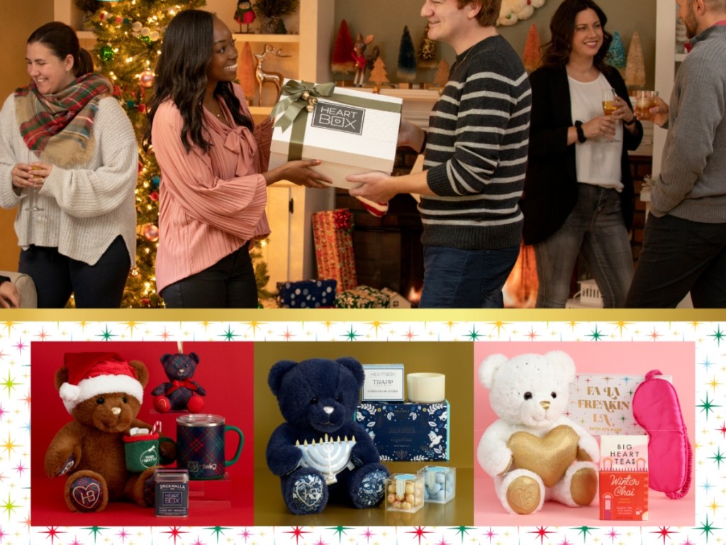 image of man giving woman a gift over 3 images of Build a Bear gift boxes
