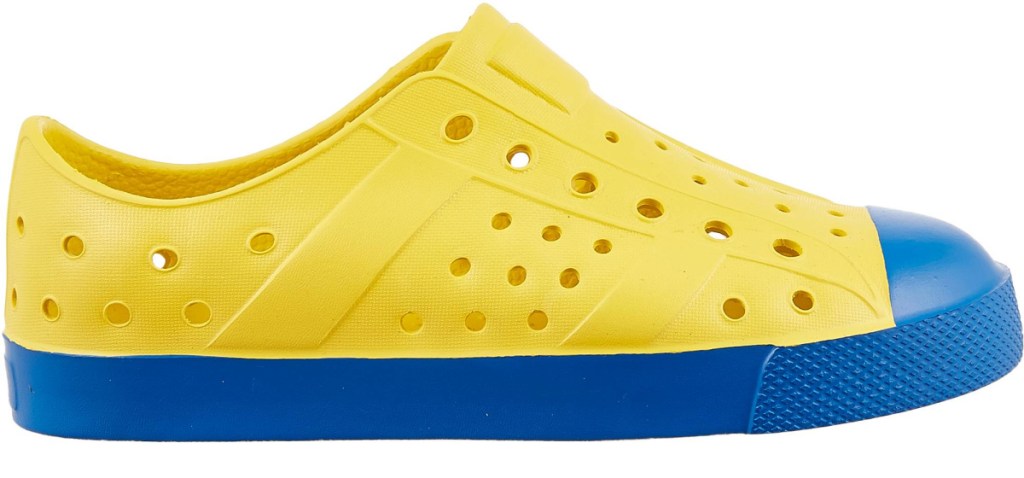blue and yellow pool shoes
