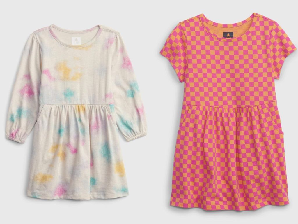 toddler girls tie dye dress and pink checked dress
