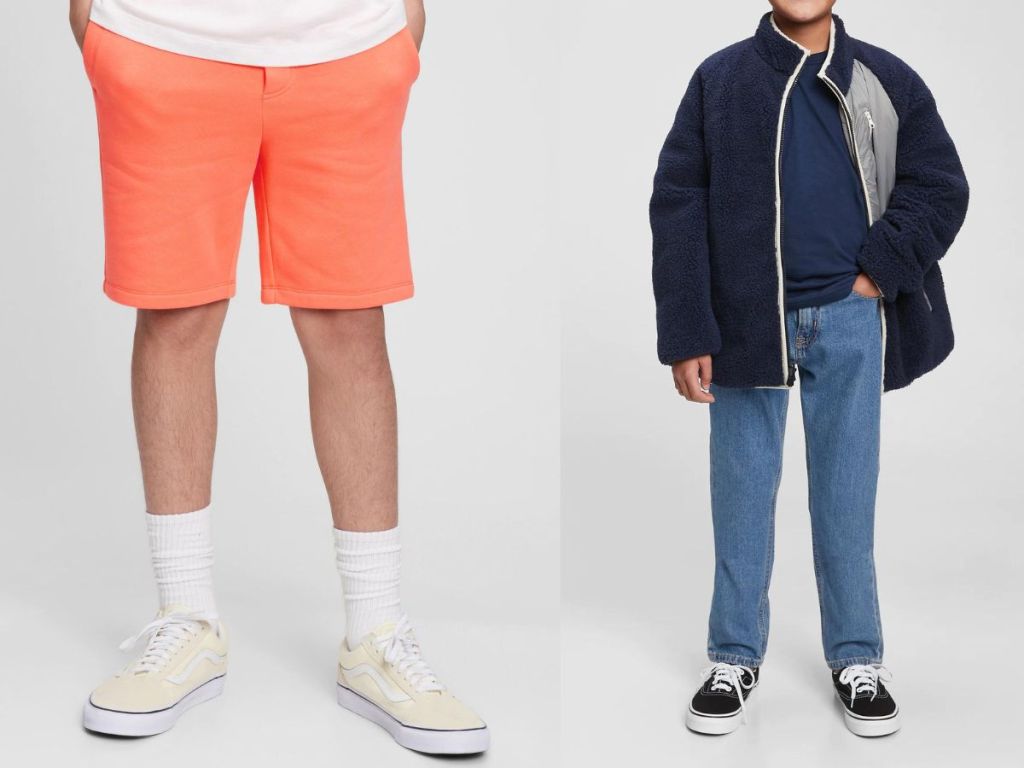 boy wearing orange shorts and boy wearing jeans