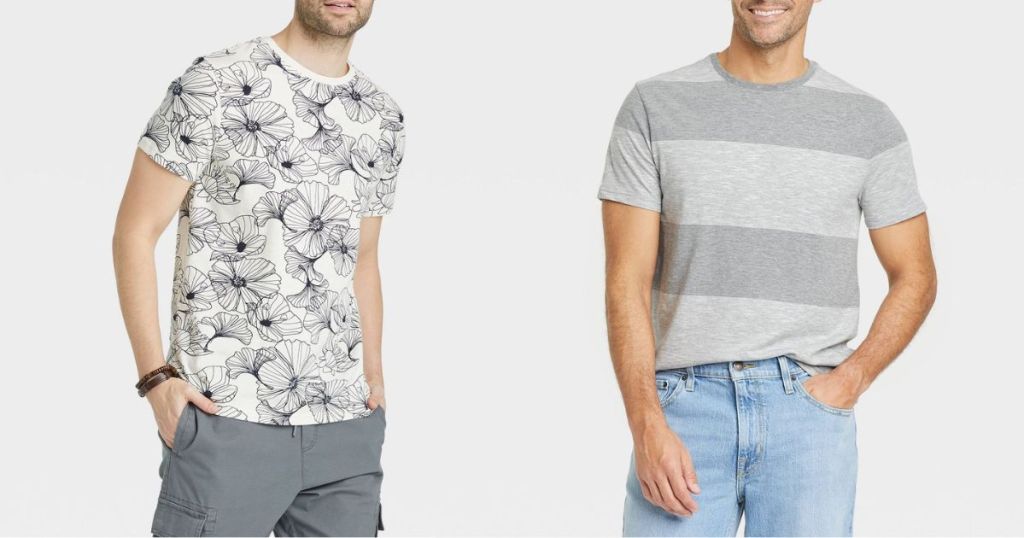 guy wearing black and white floral tee and guy wearing gray striped tee