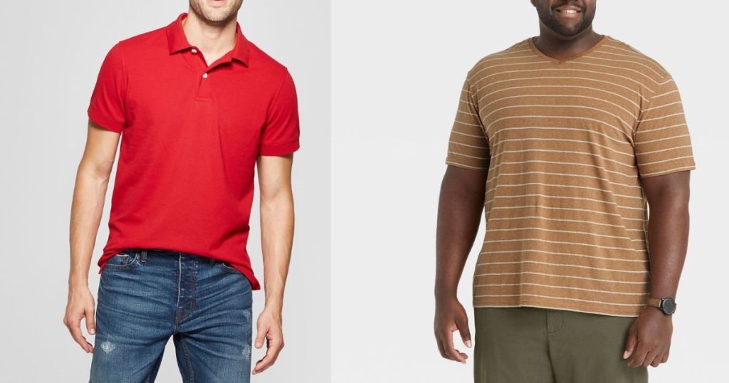 guy wearing red polo and guy wearing brown and white striped tee