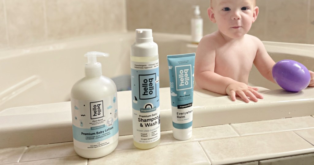 baby in bath with essentials