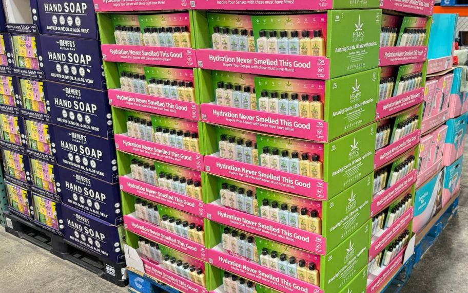 a kiosk of hempz lotion 6 packs in a costco store
