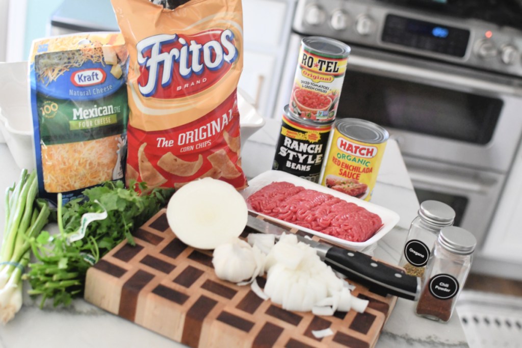 ingredients for frito pie on the counter
