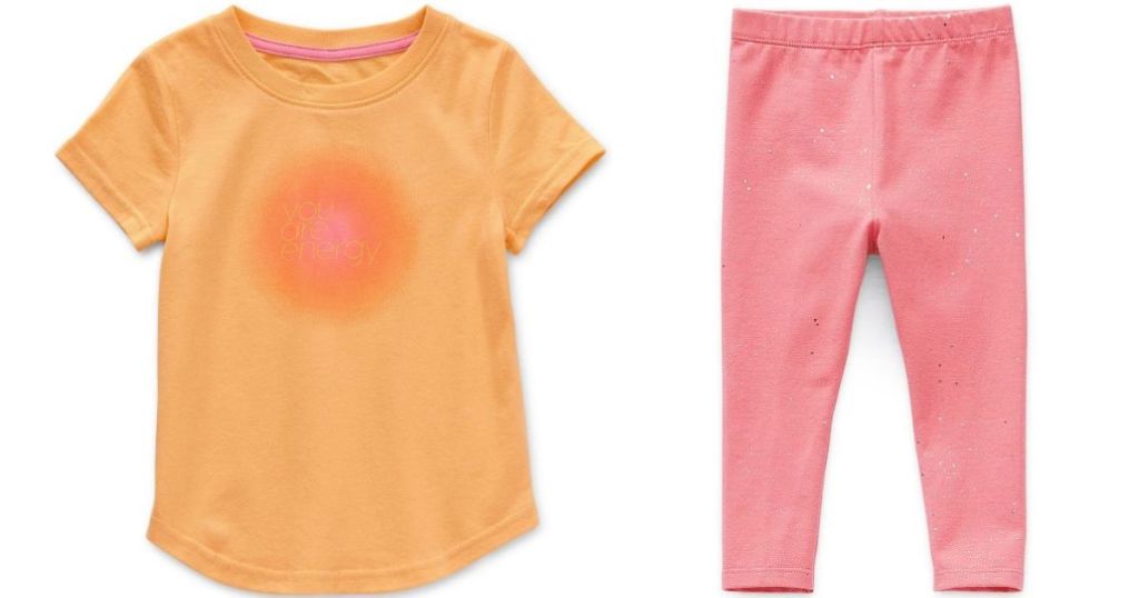 yellow kids tee and pink sparkly kids leggings