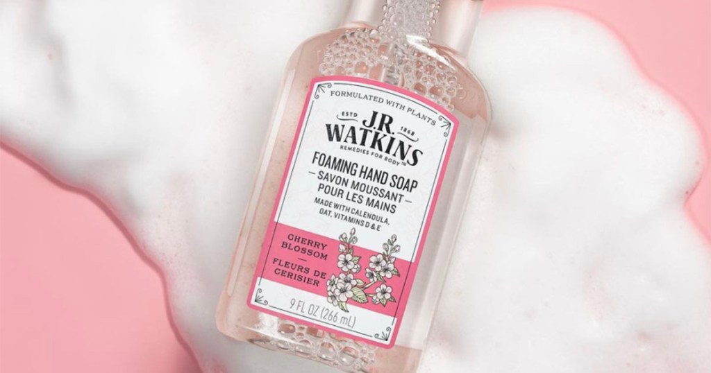 jr watkins cherry blossom hand soap sitting in bubbles