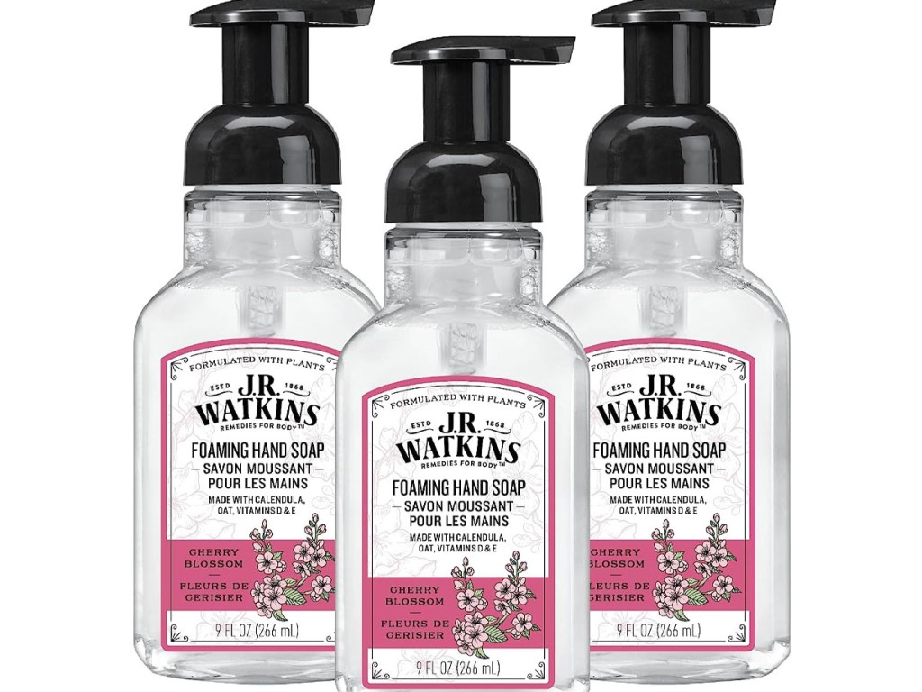 three bottles of jr watkins cherry blossom hand soap