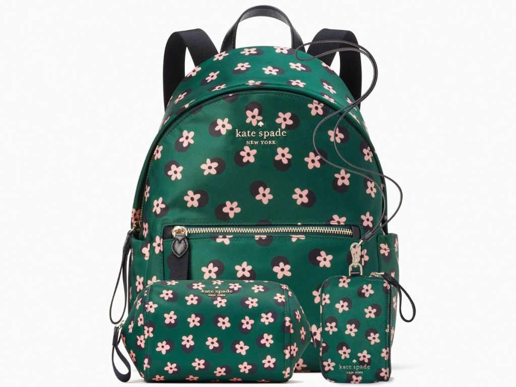 green with pink flowers kate spade backpack, lanyard, and cosmetic bag